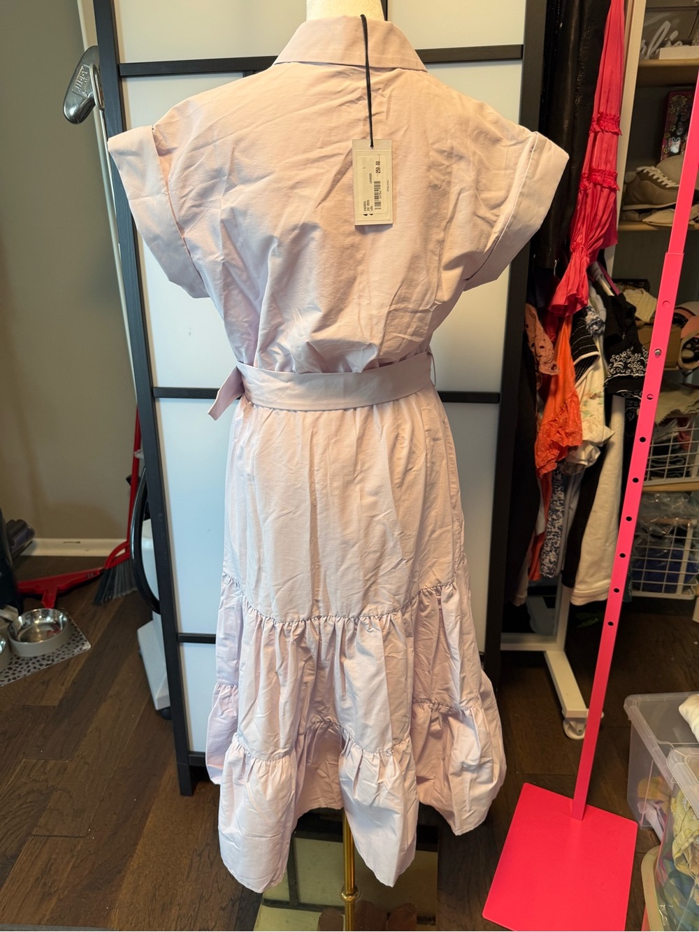 LENU Belted Tiered Shirt Midi Dress NWT | Size Large | Lavender | Designer - Picture 7 of 7